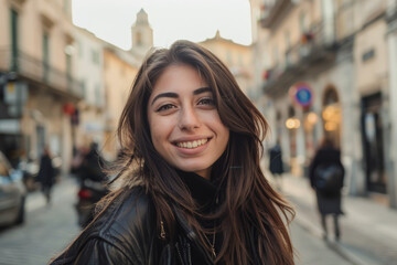 A woman is smiling in front of a no parking sign - obrazy, fototapety, plakaty