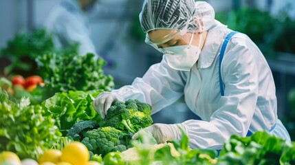A food scientist in protective gear conducting a thorough quality check of various fresh produce in a laboratory setting.
