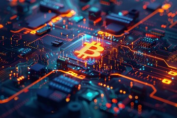 Obraz premium A Futuristic digital blockchain interface with a glowing Bitcoin symbol