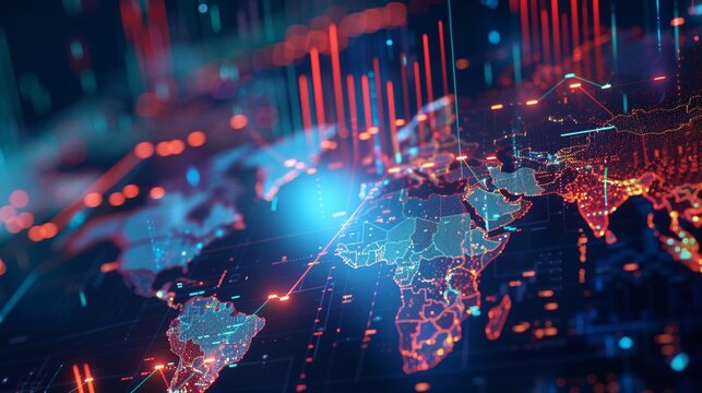 A digital visualization of a global data network featuring financial charts and graphs with a glowing world map.