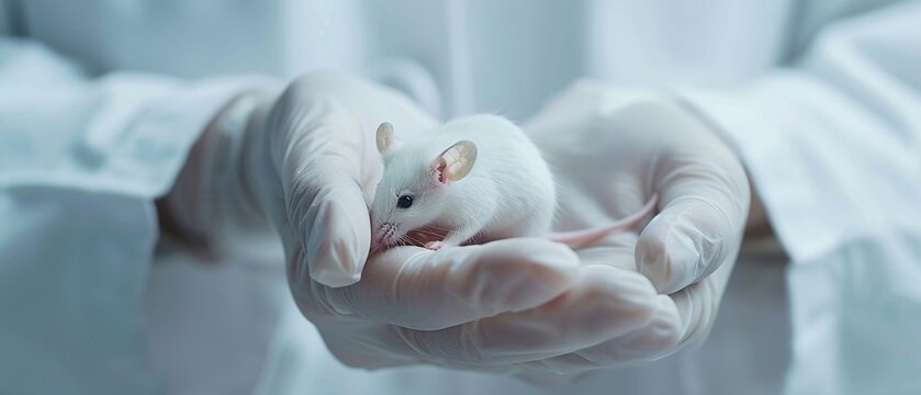 A Laboratory mice in the hand of a scientist in a white coat close-up