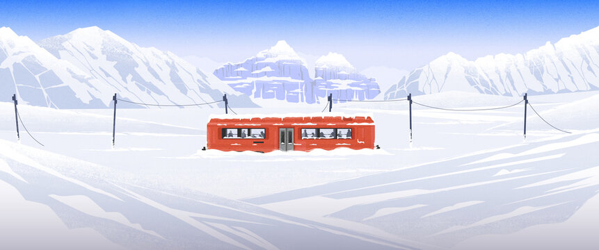 broken train with passengers by snowy mountain, isolated winter nature