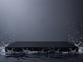 Black LED Abstract Minimalistic Flat Podium. The Scene for Product Presentation. 3D Room with thin podium and water splashes. Ai Generated Podium Mockup for a Product advertisement.