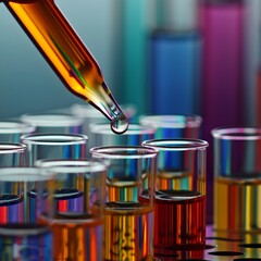 A precise drop of a chemical solution is carefully dispensed from a pipette into a row of test tubes. - obrazy, fototapety, plakaty