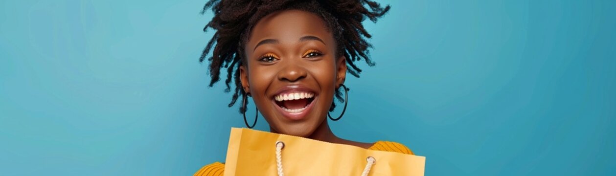 A Portrait Of An Excited Young African Woman Hand Holding Shopping Bag Isolated Over Blue Background.