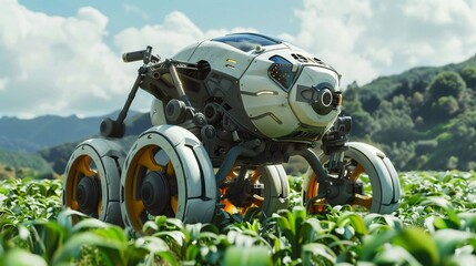 An advanced autonomous robot equipped with sensors and AI technology is operating in an agricultural field.