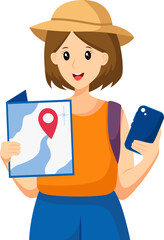 Girl Traveling Looking at the Map Character Design Illustration