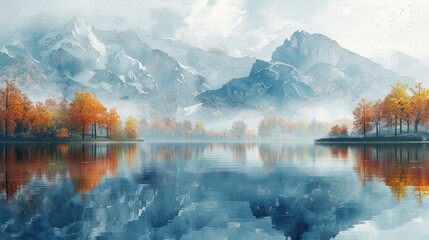 Autumn in watercolor, mountains and forests reflect in a tranquil lake, a serene and colorful landscape, a vision of seasonal change, AI Generative