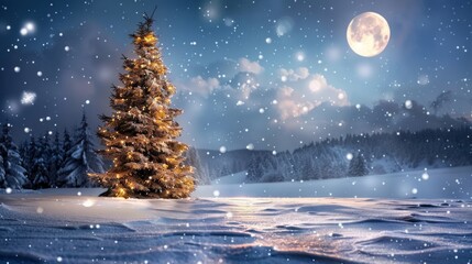 An enchanting winter landscape where a pristine snowfield sparkles under the light of a full moon, with a decorated Christmas tree standing proudly in the foreground, AI Generative