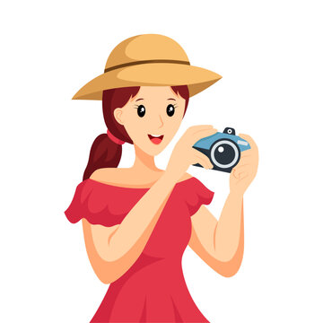 Girl Taking Photo While Traveling Character Design Illustration