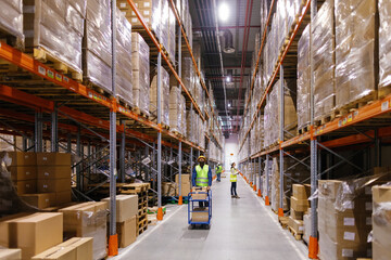 Working people at warehouse aisle