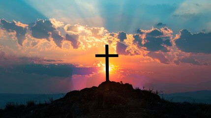 Fototapeta premium silhouette of the cross, surrounded by a beautiful sky with twilight generative ai