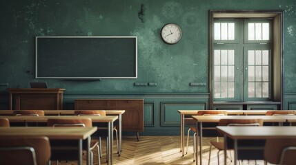 Detailed 3D visualization of a cutting-edge classroom setup, including stylish desks, modern seats, a large blackboard, a clock for timekeeping, AI Generative