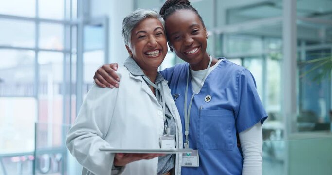 Doctor, nurse and hospital with smile, hug and learning for future and growth. Women, mentor and thank you with medicine, support and collaboration for healthcare and wellness service with gratitude