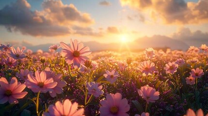 Majestic spring dawn, fields covered in dew-kissed flowers, renewal and growth, serene and peaceful, AI Generative