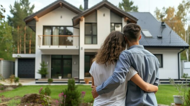 photo of young couple from behind standing in front of new home, summer - Husband and wife buying new house. Real estate concept, AI Generative