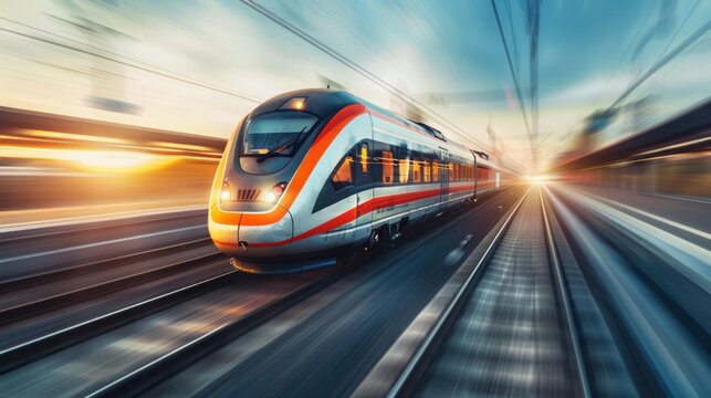 Modern high-speed train slicing through landscapes, embodying the future of intercountry passenger and cargo transport, dynamic motion blur, evening glow, AI Generative