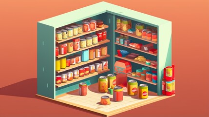 A detailed illustration of grocery store shelves showing a variety of food products and beverages in a pantry