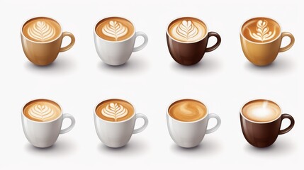 Obraz premium An attractive set of eight coffee cups with intricate latte art designs in different cups
