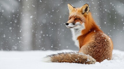 Fototapeta premium Red fox in winter, poised in the snow, its bushy tail and vibrant fur against a stark white background, AI Generative