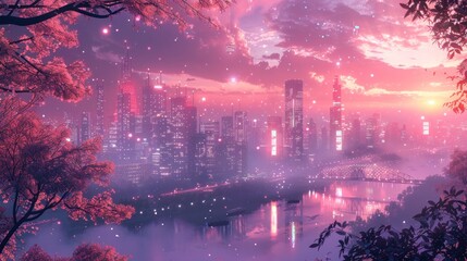 Obraz premium Digital artwork of a futuristic city skyline with cherry blossoms framing a glowing sunset, creating a dreamlike atmosphere.