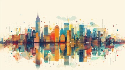 A colorful abstract representation of a city skyline and its reflection, created with geometric shapes and digital textures.