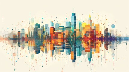 A colorful abstract representation of a city skyline and its reflection, created with geometric shapes and digital textures.
