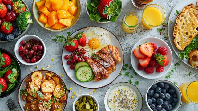 Top view of a vibrant morning table, laden with healthy and vegan options alongside classic breakfast favorites, AI Generative