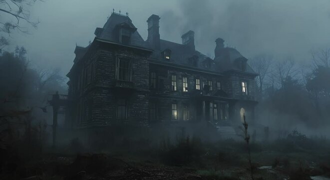 A dark, abandoned mansion enveloped in thick fog, with faint ghostly figures in the windows