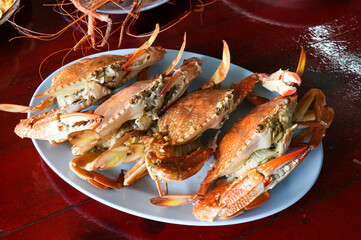 Steamed crabs in a restaurant. seafood