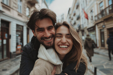 A man and woman are hugging and smiling for the camera