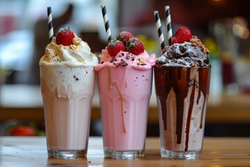 Three flavored milkshakes garnished with berries and chocolate, delicious