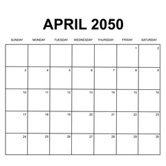 april 2050. monthly calendar design. week starts on sunday. printable, simple, and clean vector design isolated on white background.
