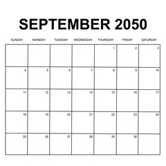 september 2050. monthly calendar design. week starts on sunday. printable, simple, and clean vector design isolated on white background. - obrazy, fototapety, plakaty