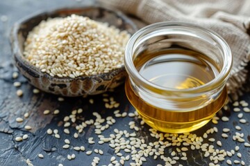 Sesame oil in glass bowl with sesame seeds