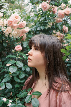 portrait of a brunette woman against a rose bush