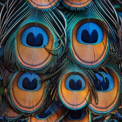 Close up captures of vivid and colorful peacock feathers creating a stunning background