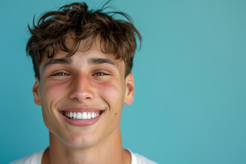 A young man is smiling with a blue background