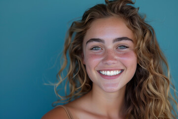 A woman with freckles on her face smiles for the camera