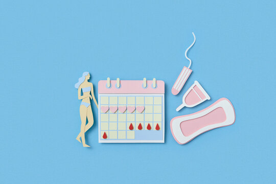 Paper woman standing near month calendar and hygiene supplies