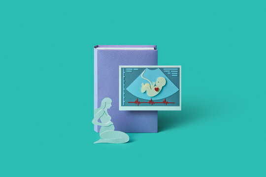 Papercraft pregnant woman, ultrasound baby scan and medical card