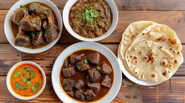 A tantalizing spread of lamb, mutton, and goat curry dishes served alongside freshly baked parathas