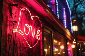A neon sign showing the word Love on the wall of a club.