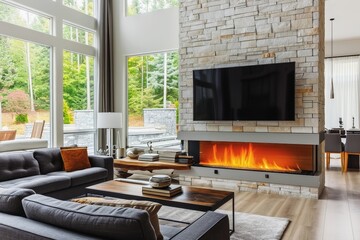 A modern cozy fireplace in a new home.