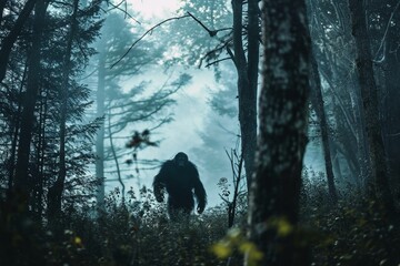 A rare shot of the bigfoot in a forest. - obrazy, fototapety, plakaty