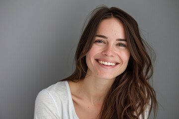 A woman with long brown hair is smiling and wearing a white shirt