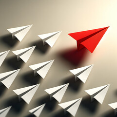 single red paper plane leading white ones embodying leadership direction and the courage to be different