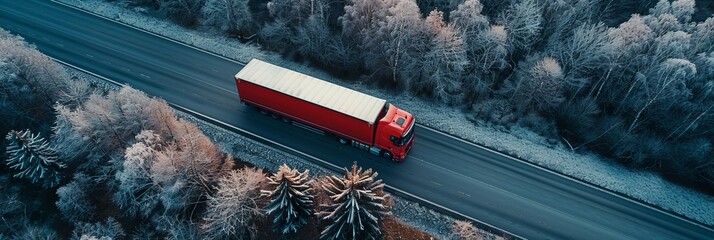 Aerial drone view of car and truck on highway road with spacious area for text placement