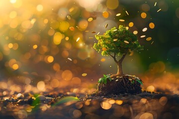 A small tree growing on the ground with coins falling from the sky, bokeh background, in the style of fantasy.