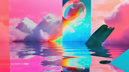 Vaporwave Pink Collage of reflective surfaces and 3D art. Water bright colors.